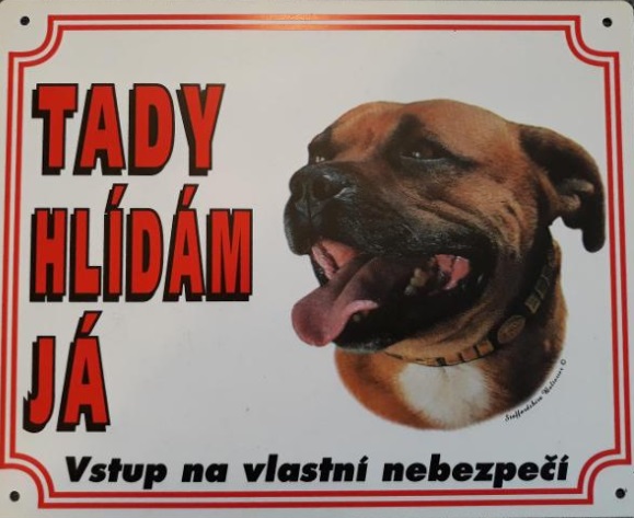 Cedulka Tady hlídám já Staf. bullteriér