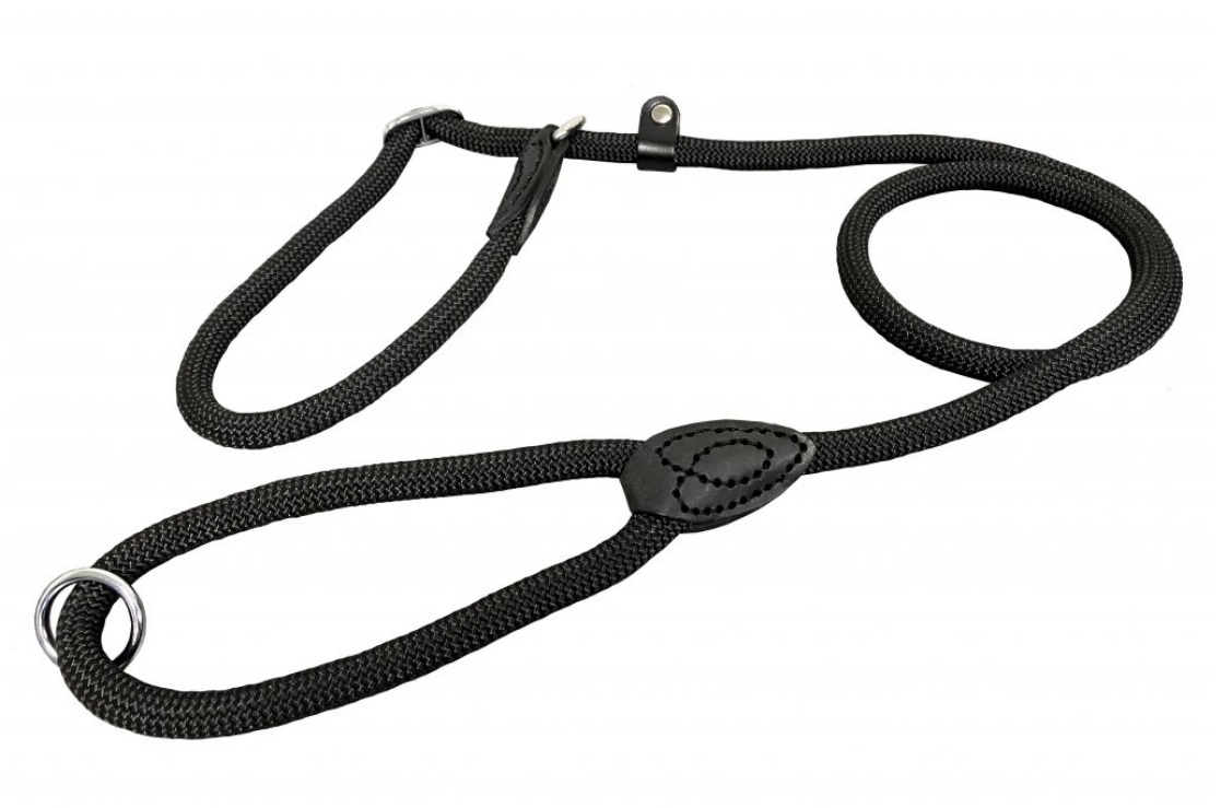 Vodítko s obojkem lano, šité kůží, černé 12mmx130cm 