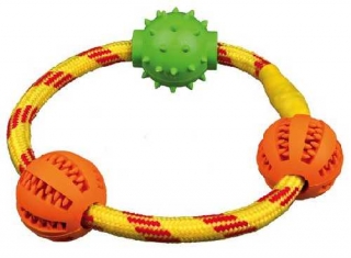 DENTAfun kroužek z lana se 3 míčky tvr.guma 20 cm